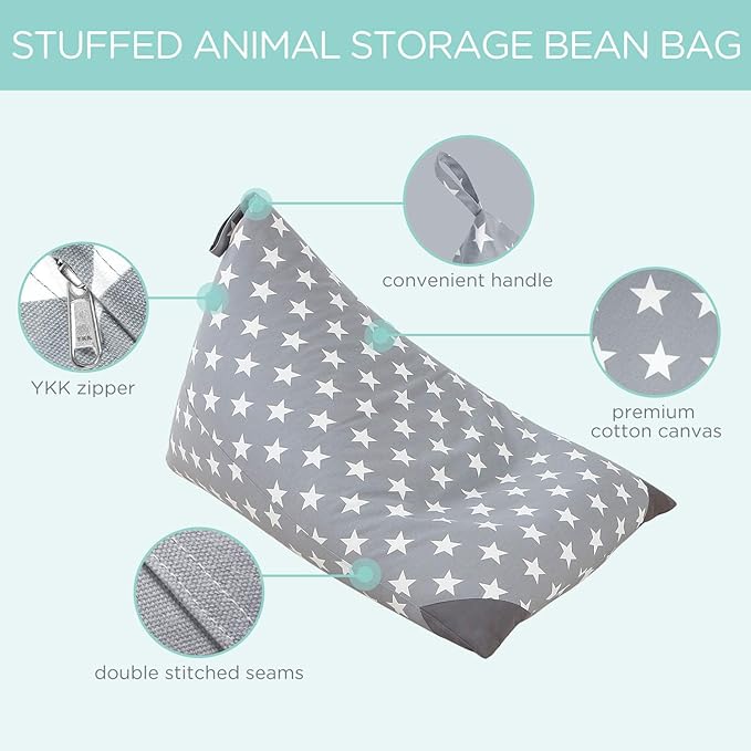 Aubliss Stuffed Animal Storage Bean Bag Chairs Cover, 50"x 35" Extra Large Bean Bags Chair for Kids & Adults, Beanbag Toy Storage for Boys Girls - Premium Cotton Canvas Grey Star