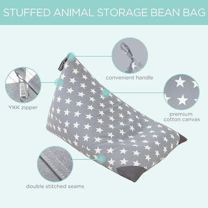 Aubliss Stuffed Animal Storage Bean Bag Chairs Cover, 50"x 35" Extra Large Bean Bags Chair for Kids & Adults, Beanbag Toy Storage for Boys Girls - Premium Cotton Canvas Grey Star