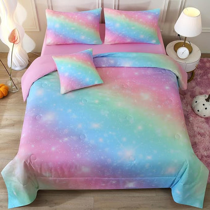 JQinHome Glitter Bedding Set Twin Size,6 Piece Bed in A Bag 3D Colorful Rainbow Galaxy Comforter Set for Girls Kids-All Season Microfiber Tie-Dye Bedding Sets(Rainbow)