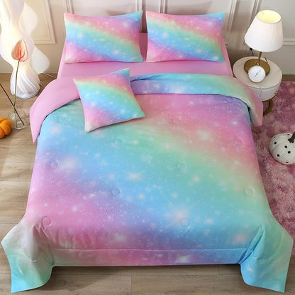 JQinHome Glitter Bedding Set Queen Size,6 Piece Bed in A Bag 3D Colorful Rainbow Galaxy Comforter Set for Girls Kids-All Season Microfiber Tie-Dye Bedding Sets(Rainbow)