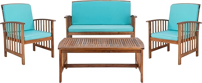 SAFAVIEH Outdoor Collection Rocklin Natural/ Aqua Cushion 4-Piece Conversation Patio Set