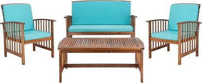 SAFAVIEH Outdoor Collection Rocklin Natural/ Aqua Cushion 4-Piece Conversation Patio Set