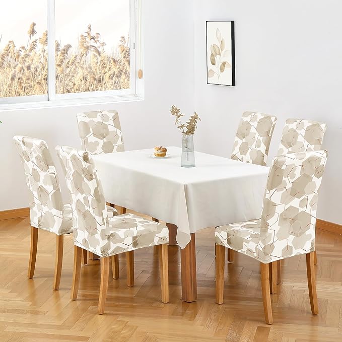 Gibelle Dining Room Chair Covers Set of 6, Soft Stretch Kitchen Chair Covers Slipcover Protector, Removable Washable Geometric Parson Chair Covers 6 Pack, Beige