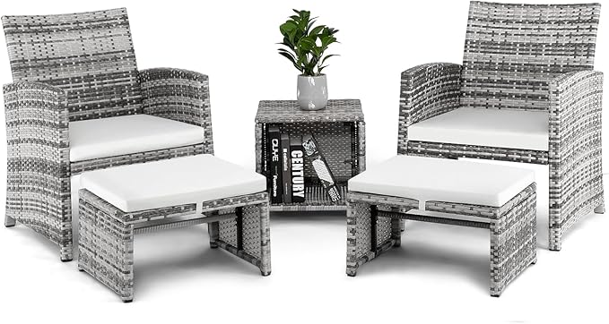 Outvita 5 Pieces Patio Furniture Set, Outdoor Rattan Sectional Sofa Conversation Sets with Coffee Table, Single Sofa and Ottoman for Garden Backyard Balcony Porch Poolside(Gray Gradient)