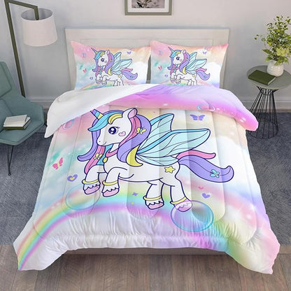 Unicorn Comforter Set for Girls Butterfly Bedding Set Rainbow Quilt Set Twin with 1 Comforter and 2 Pillowcases