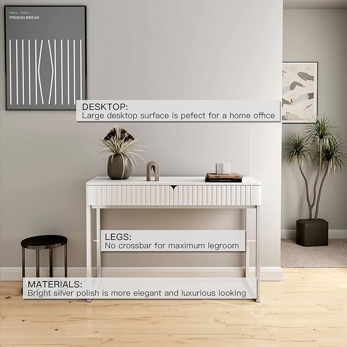 White Vanity Desk with 2 Drawers, Silver and White Desk,Home Office Desk Modern Makeup Vanity Table with Glossy Desktop,Writing Computer Standing Desk with Wood Top and Metal Legs