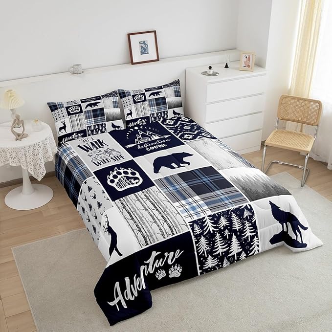 Manfei Deer Bear Kids Comforter Set Full Size,Wolf Hunting Adventure Rustic Bedding Set for Boys Girls Adults Room Decor,Geometric Plaids Patchwork Down Comforter,Blue Xmas Duvet Insert,2 Pillowcases