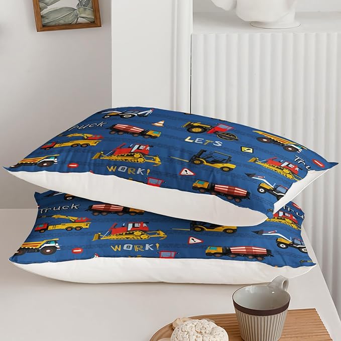 Axolotl Tractor Truck Bedding Set Queen,Excavator Comforter Set,Vehicles Truck Comforter,Boys Bedding Machinery Truck Comforter Construction Site Decor for Kids Boys Teens,1 Quilt 2 Pillowcases,Blue