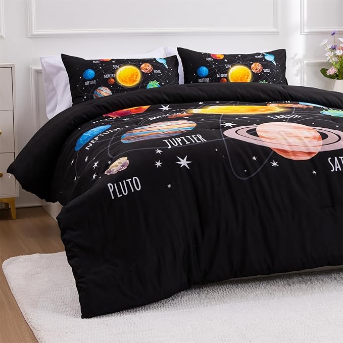 Aimuan Space Comforter Twin Set Kids Rocket Bedding Set Super Soft & Cute Aliens UFO Printed for Boys Girls Teen (Black 1, Twin)