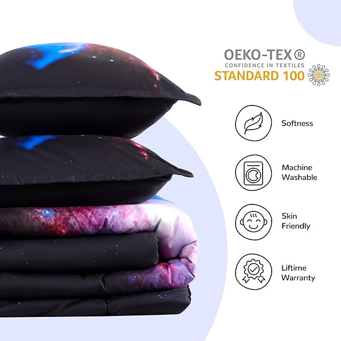 SLEEP ZONE Kids Bedding Comforter Set Full/Queen Size - Super Soft & Cute Printed 3-Piece Comforter Set All Seasons for Boys, Girls, Fade Resistant, Machine Washable, Purple Galaxy
