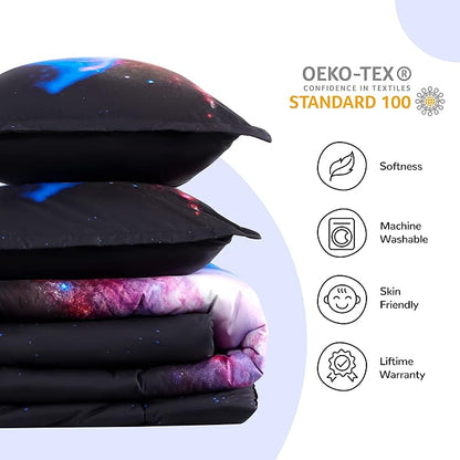SLEEP ZONE Kids Bedding Comforter Set Full/Queen Size - Super Soft & Cute Printed 3-Piece Comforter Set All Seasons for Boys, Girls, Fade Resistant, Machine Washable, Purple Galaxy