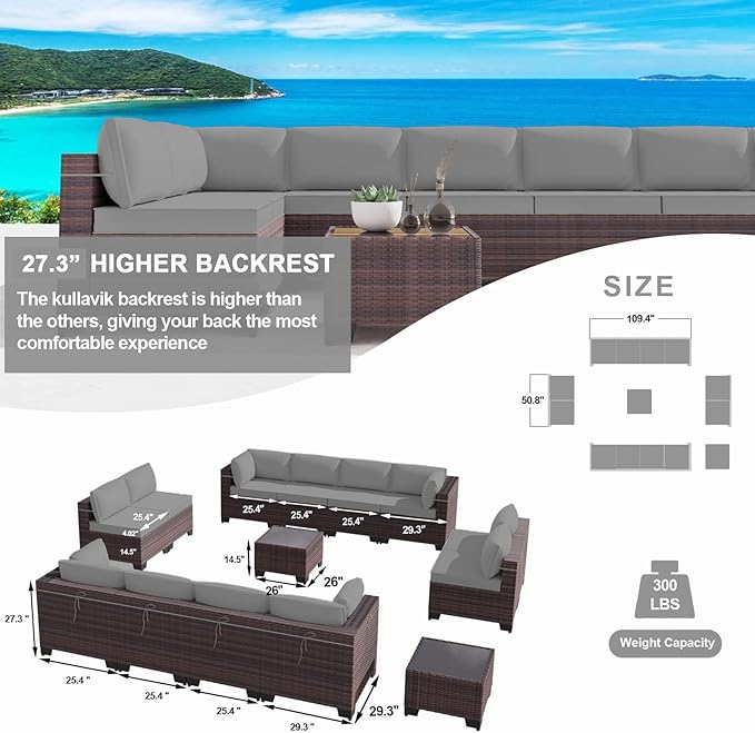 Kullavik 14PCS Outdoor Patio Furniture Set PE Wicker Rattan Sectional Sofa Patio Conversation Sets,Grey