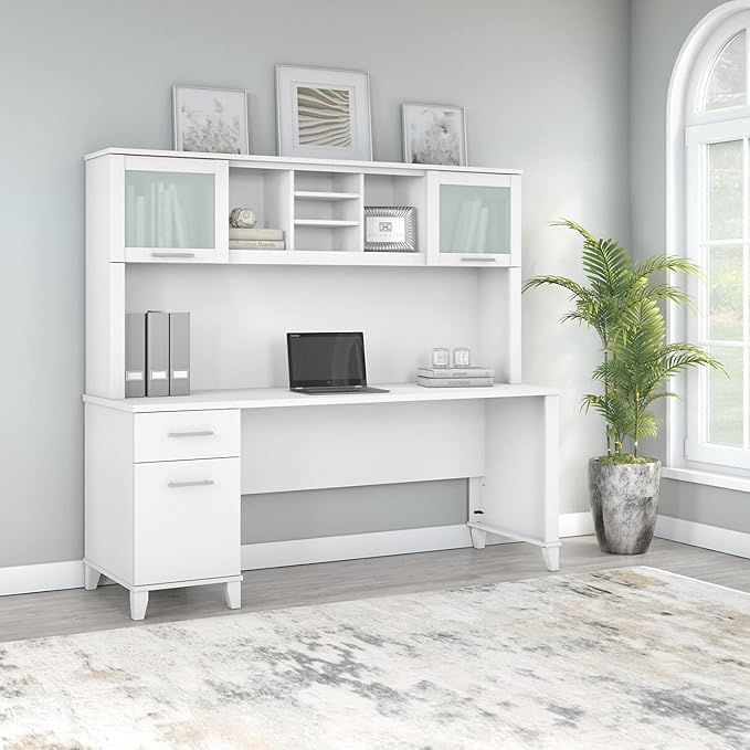 Bush Furniture Somerset 72W Office Desk with Drawers and Hutch in White