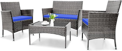 Patio Furniture, 4 Piece Conversation Set, Outdoor Wicker Rattan Table and Chairs, Sectional Sofa with Thick Cushion for Garden, Yard, or Porch, Light Grey