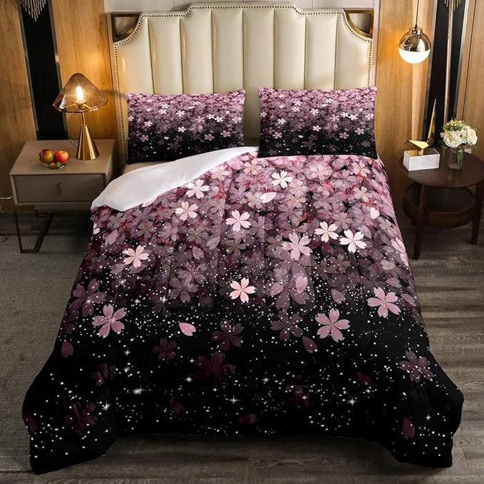 Erosebridal Cherry Blossom Comforter Set King Size, Pink Flower Down Comforter, Petal Floral Quilted Duvet, Starry Sky Glitter Girly Warm Duvet Insert, Bedroom Living Dorm Room Decorative