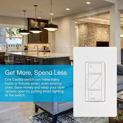 Lutron Caseta Original Smart Dimmer Switch With Wallplate (Lutron Smart Hub Required), for LED Lights, 150 Watt, Single-Pole/3-Way, No Neutral Required, PDW-6WCL-WH-A, White