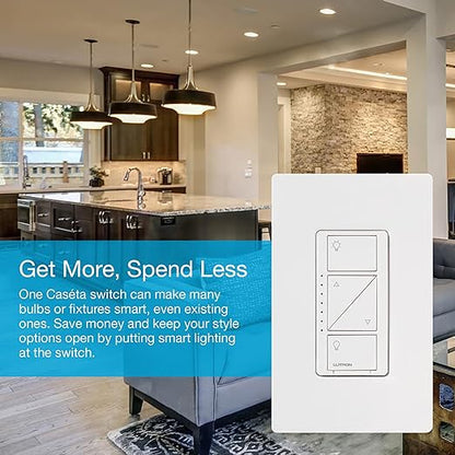Lutron Caseta Smart Lighting Original Dimmer Switch (Lutron Smart Hub Required), for Light Bulbs, 150 Watt, Single-Pole/3-Way, No Neutral Required, PD-6WCL-WH, White