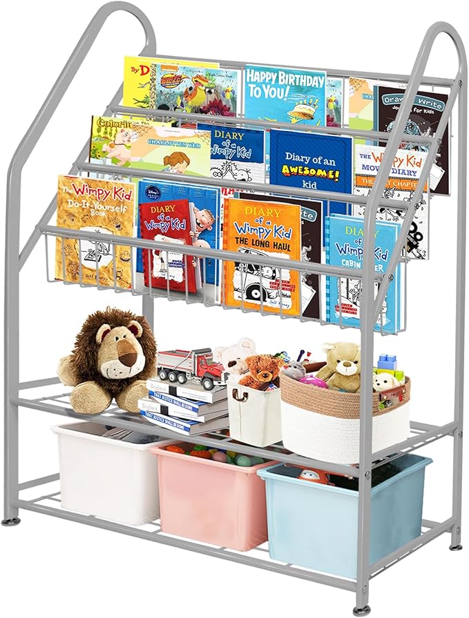 aboxoo Metal Kids Bookshelf Grey Bookcase LargeFreestanding for Children Room 32 in Toy Organizer Large Stable Bookcase Bookstore Library Book Unit Storage Kids Bed Living Room
