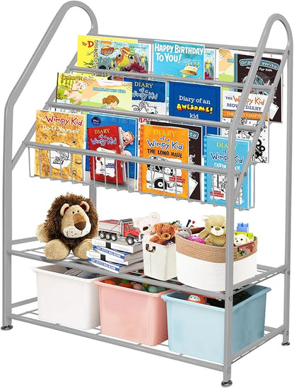 aboxoo Metal Kids Bookshelf Grey Bookcase LargeFreestanding for Children Room 32 in Toy Organizer Large Stable Bookcase Bookstore Library Book Unit Storage Kids Bed Living Room