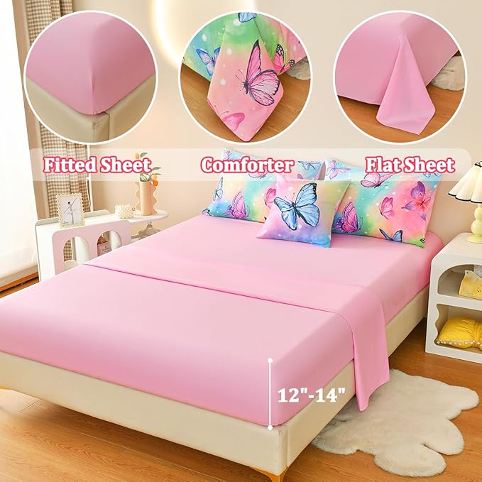 Butterfly Bedding Set Full, Pink Butterfly Comforter Set for Girls Kids Teens 6 pcs Bed in a Bag Full Bedding Sets for Girls