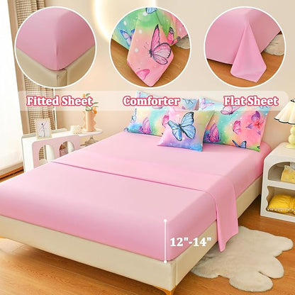 Butterfly Bedding Set Twin, Pink Butterfly Comforter Set for Girls Kids Teens 6 pcs Bed in a Bag Twin Bedding Sets for Girls