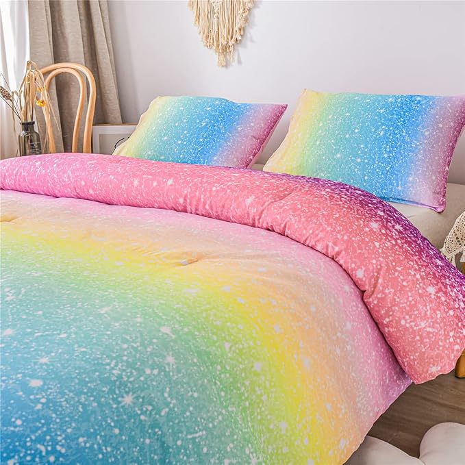 Holawakaka Kids Space Star Glitter Comforter Set Ombre Multi-color Print Gradient Bedding Set Full Size (Multi-color, Full)