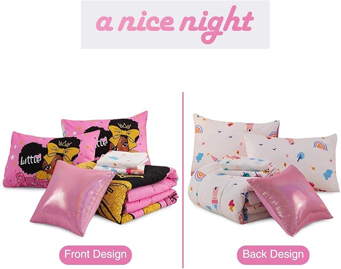 A Nice Night Black Girl Little Princess Comforter Set, Pink 6Pcs Bed in A Bag Twin Size Sparkling Stars Bedding Set,for Kids, Girls