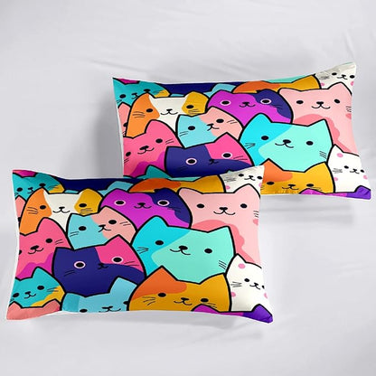 Cat Comforter Set Queen - Queen Size Colorful Cat Comforter Set for Kids Cute Cat Themed Bedding Queen Cartoon Cat Bedding for Girls, 1 Comforter+2 Pillowcases
