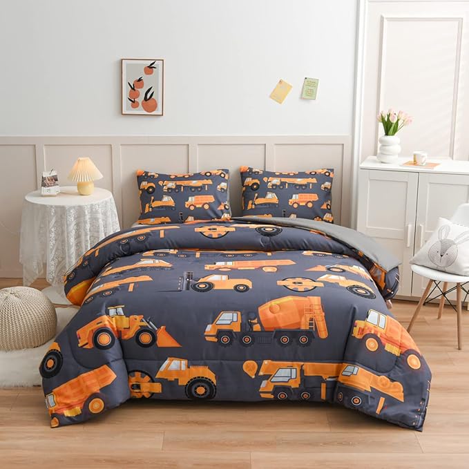 NTBED Construction Truck Comforter Set for Boys Kids Vehicles Excavator Cars Lightweight Microfiber Bedding Sets (Grey,Full)