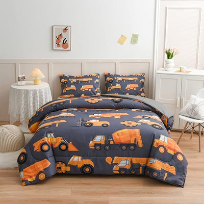NTBED Construction Truck Comforter Set for Boys Kids Vehicles Excavator Cars Lightweight Microfiber Bedding Sets (Grey,Full)