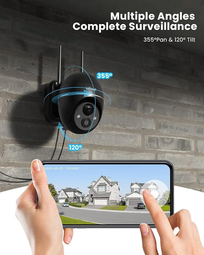 Security Cameras Wireless Outdoor, 2K Solar Security Camera System 360° PTZ with Spotlight & Siren, ieGeek 2.4Ghz Outdoor Security Cameras,Color Night Vision, Work with Alexa, PIR, 2-Way Talk, IP65