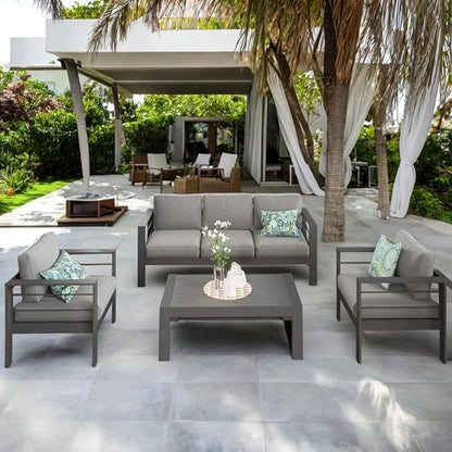 Solaste Aluminum Patio Furniture Set, 4 Pcs Modern Outdoor Conversation Set Sectional Sofa with Upgrade Cushion and Coffee Table,Grey