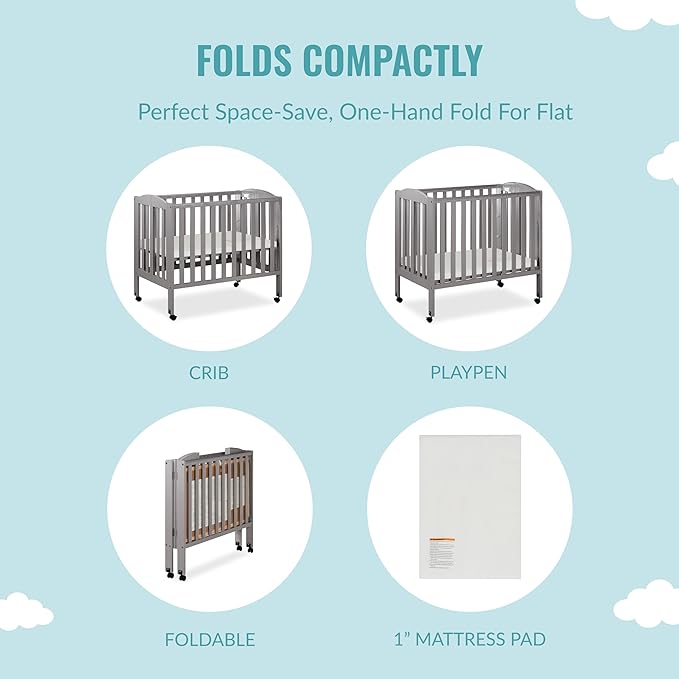3 in 1 Portable Folding Stationary Side Crib in Steel Grey, Greenguard Gold Certified, Safety Wheels with Locking Casters, Convertible, 3 Mattress Heights