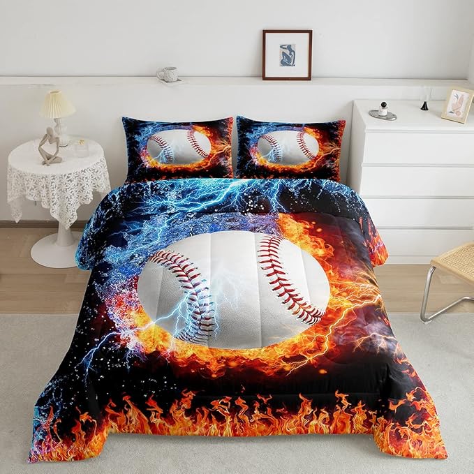 Erosebridal Baseball Comforter Set King Size Sports Theme Bedding Kids Teens Boys Fire and Ice Sports Baseball Quilted Duvet Decoration 3 Pcs Bedding Comforters Red Blue with 2 Pillowcases