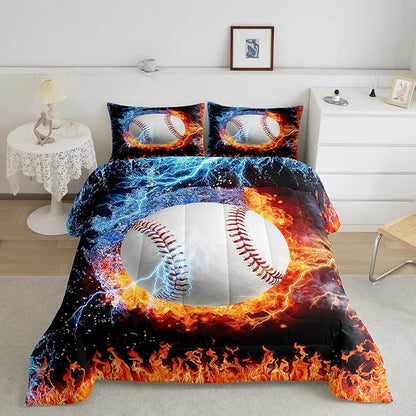 Erosebridal Baseball Comforter Set King Size Sports Theme Bedding Kids Teens Boys Fire and Ice Sports Baseball Quilted Duvet Decoration 3 Pcs Bedding Comforters Red Blue with 2 Pillowcases