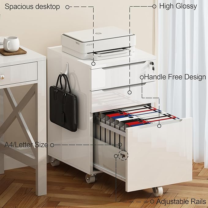 ChooChoo High Gloss File Cabinet with Lock,3 Drawer Rolling Filing Cabinet Fits Legal Size/A4/Letter, Under Desk File Cabinet with Hook for Home Office,White
