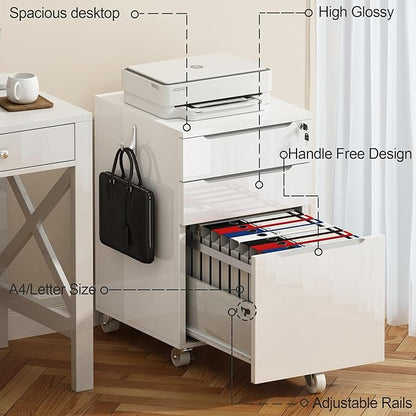 ChooChoo High Gloss File Cabinet with Lock,3 Drawer Rolling Filing Cabinet Fits Legal Size/A4/Letter, Under Desk File Cabinet with Hook for Home Office,White