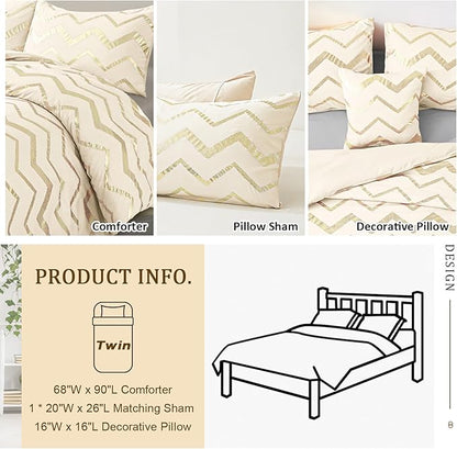 Girls Comforter Set Twin Size Cream Bedding Set Cute Metallic Gold Bed Comforter 3 Piece Lightweight Microfiber Comforter for Kids Teen
