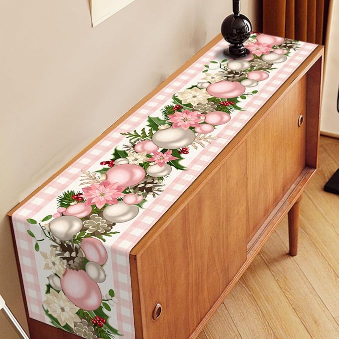 Nepnuser Pink Christmas Table Runner Pink and White Buffalo Check Plaid Xmas Decoration Seasonal Winter Holiday Home Kitchen Island Dining Room Decor