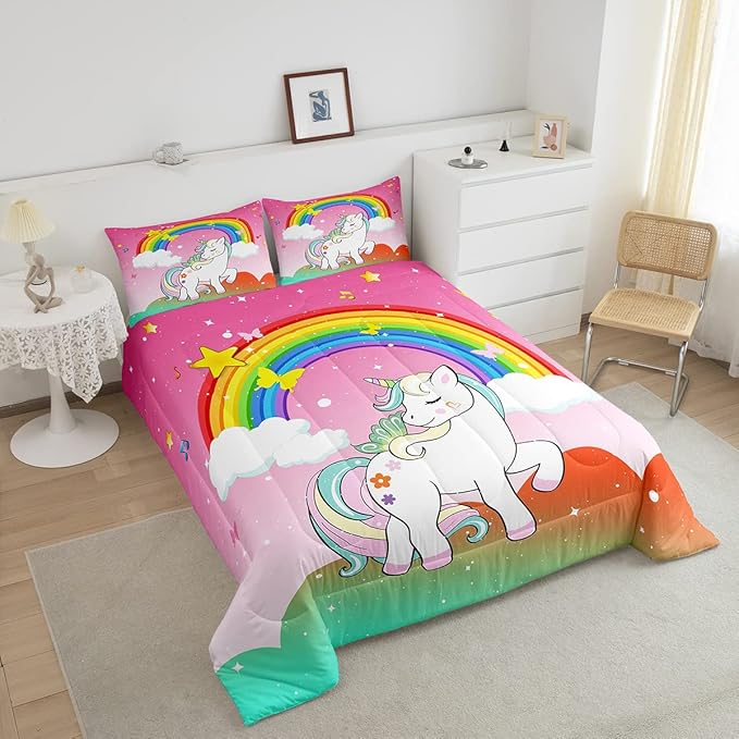 Girls Unicorn Comforter Set Full Size Kawaii Cute Unicorn Bedding Sets Ombre Starry Sky Down Comforter Cartoon Horse Quilt Colorful Rainbow Butterfly Reversible Comforters & Sets Bedroom Decor,3Pcs
