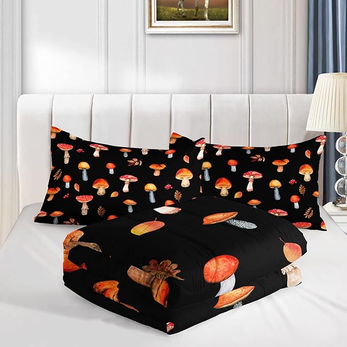 Colorful Mushroom Comforter Set Twin Size Kids Mushroom Bedding Set Leaves Quilt Bed Set for Boys Girls Adults with 1 Comforter and 2 Pillowcases