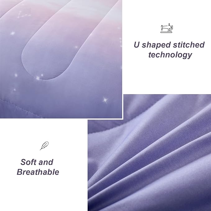 Girls Comforter Set Queen Size 7 Pieces Bed in A Bag Ombre Pink Purple Rainbow Bedding Set Collections for Teen Women (1 Comforter, 1 Flat Sheet, 1 Fitted Sheet, 2 Pillow shams, 2 Pillowcases)
