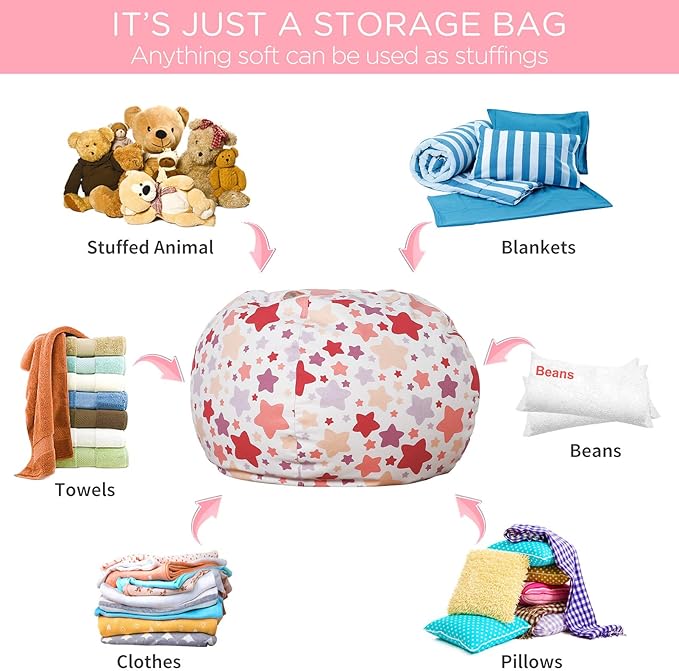 Aubliss Stuffed Animal Bean Bag Storage Chair, Beanbag Covers Only for Organizing Plush Toys, Turns into Bean Bag Seat for Kids When Filled, Large 38"-Canvas Pattern Sparkling Star