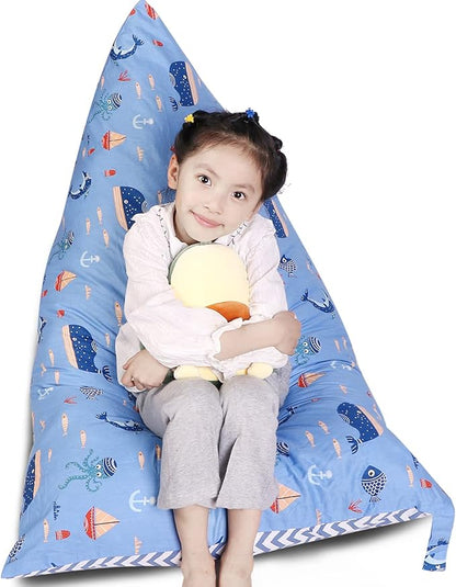 Stuffed Animal Storage Bean Bag Chair Cover, Cotton Blue Marine Life Plush Toy Storage Stuff and Sit Seat for Kids/Teens/Adults,52" x 31" Extra Large Triangle Floor Sofa, 200L/52Gal,Cover Only