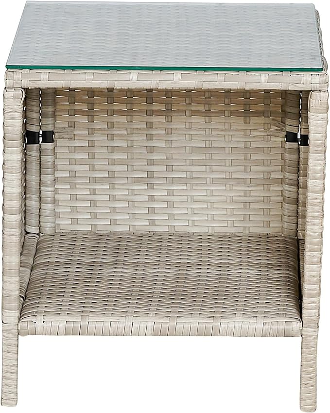 BTEXPERT Outdoor Wicker Conversation 3 Piece Bistro Set Garden Patio Yard Porch Furniture Space Saving Pe Rattan 2 Chairs Cushions Side Storage Glass Table Gray/Cream 3pc, OneSize