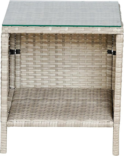 BTEXPERT Outdoor Wicker Conversation 3 Piece Bistro Set Garden Patio Yard Porch Furniture Space Saving Pe Rattan 2 Chairs Cushions Side Storage Glass Table Gray/Cream 3pc, OneSize