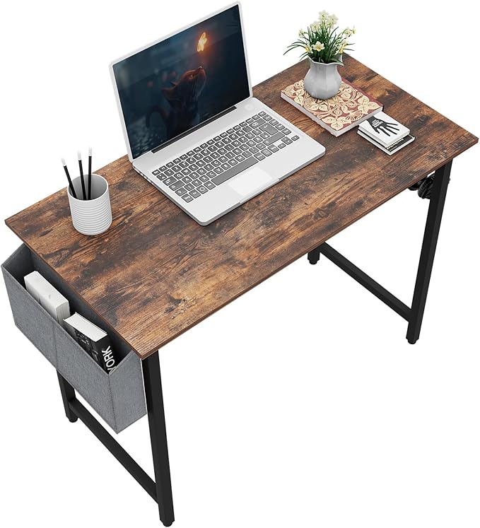 Small Computer Desk, 39 Inch Home Office Desks, Study Workstation PC Laptop Table with Storage Bag, Modern Simple Industrial Style Writing Desks