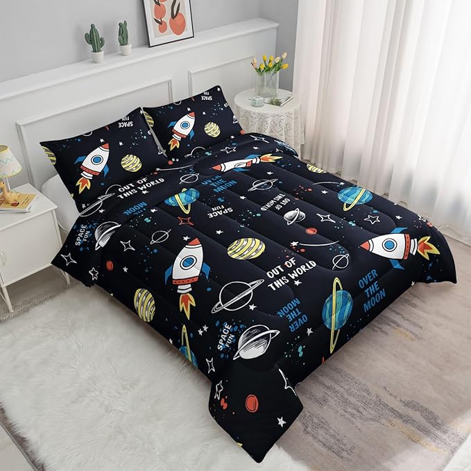 Datura home Space Ship Galaxy Comforter Set Astronaut Rocket Printed Quilt Bedding with 1 and 2 Pillowcases for Boys Girls Bedroom All Season(Space Full), A-space, Full 80x90inches