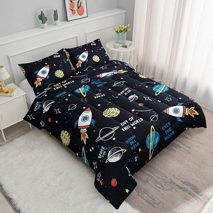 Datura home Space Ship Galaxy Comforter Set Astronaut Rocket Printed Quilt Bedding with 1 and 2 Pillowcases for Boys Girls Bedroom All Season(Space Full), A-space, Full 80x90inches