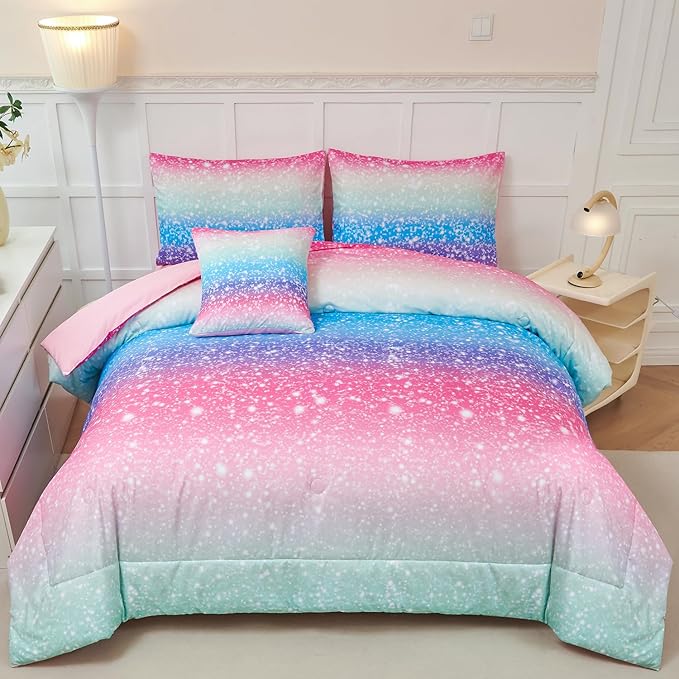 PERFEMET Girls Comforter Set with Sheets 6 Pieces Full Size Bedding Set Blue Pink Green Ombre Bed in A Bag Rainbow Tie Dye Kids Bed Sets Grandient Glitter Full Comforter Sets